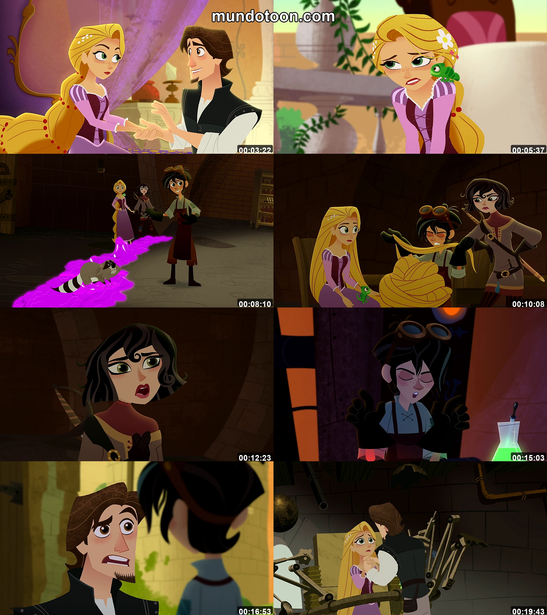 Collage de capturas de pantalla de Las aventuras enredadas de Rapunzel: Rapunzel y el gran árbol